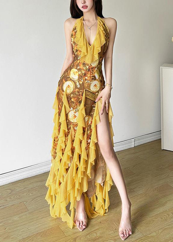 Yellow Ruffled Print Front Open Tulle Dress Sleeveless