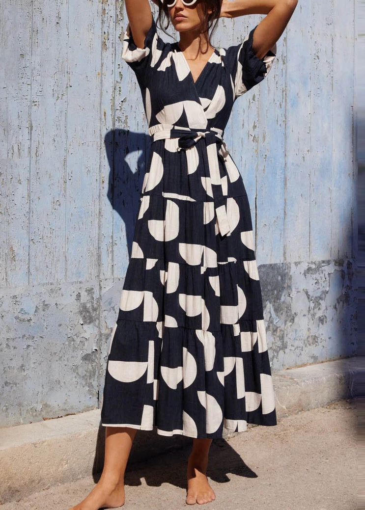 Black V Neck Print Tie Waist Cotton Dress Summer