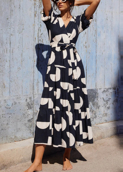 Black V Neck Print Tie Waist Cotton Dress Summer