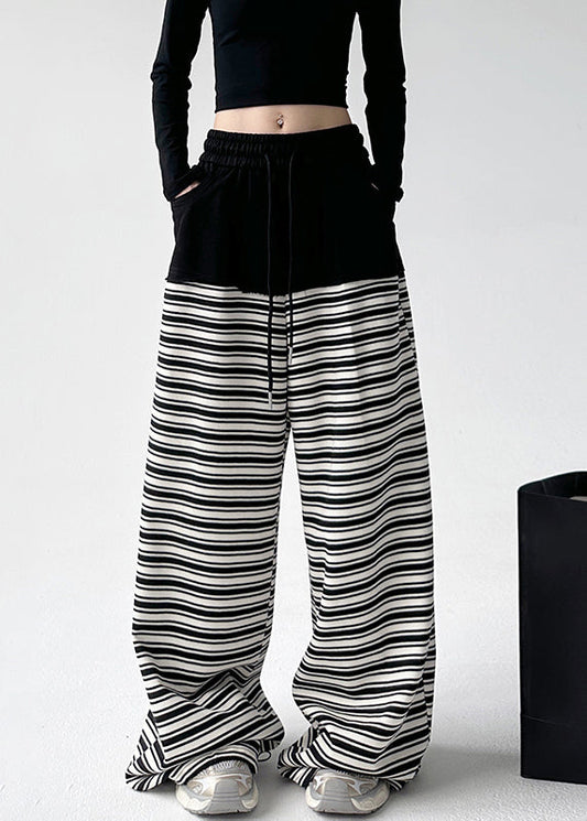 Black White Striped Pockets Tie Waist Wide Leg Pants Sprin