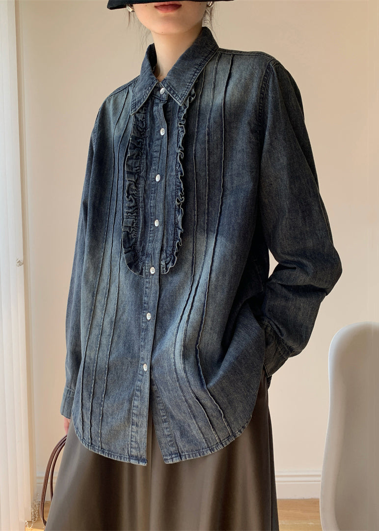 Blue Ruffled Button Denim Shirt Fall