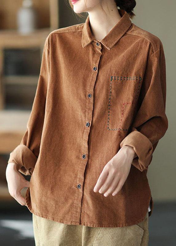 French Khaki Loose Embroidered Patchwork Fall Top Long Sleeve