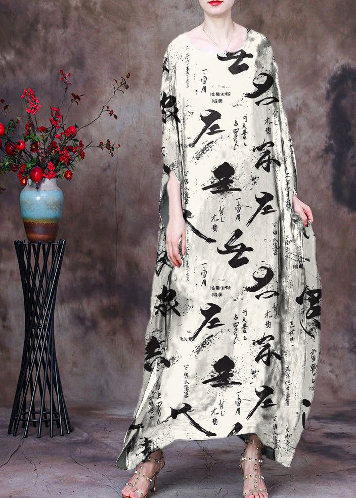 Loose Green O-neck Asymmetrical Design Print Silk Beach Dress Gown Batwing Sleeve