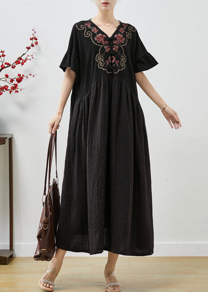 Black Embroidered Patchwork Cotton Long Dress Summer