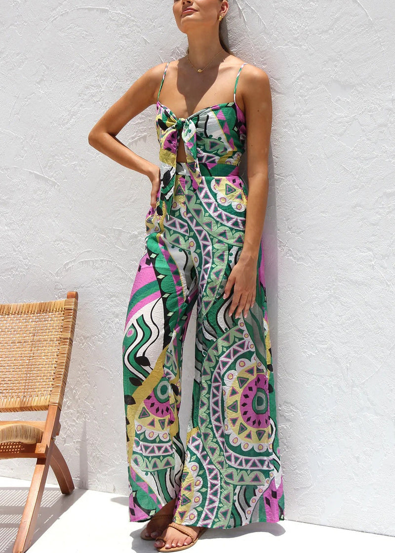 Stylish Green Print Chiffon Spaghetti Strap Jumpsuits Summer