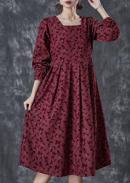Mulberry Square Collar Print Corduroy Robe Dresses Spring