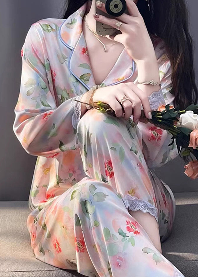 Photo Color Print Pockets Lace Silk Pajamas Two Pieces Set Spring