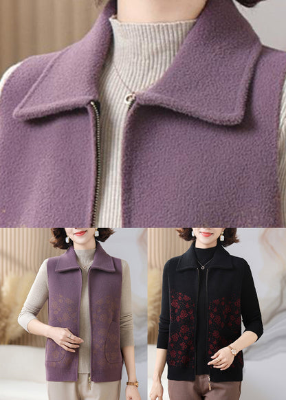 Purple Pockets Patchwork Knit Waistcoat Sleeveless
