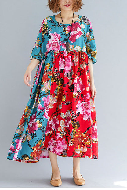 -summer Red Printed Loose Dress