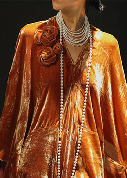 New Orange V Neck Silk Velvet Dress Spring