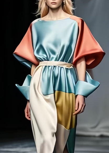 Sky Blue Tie Waist Patchwork Side Open Silk Dresses Puff Sleeve