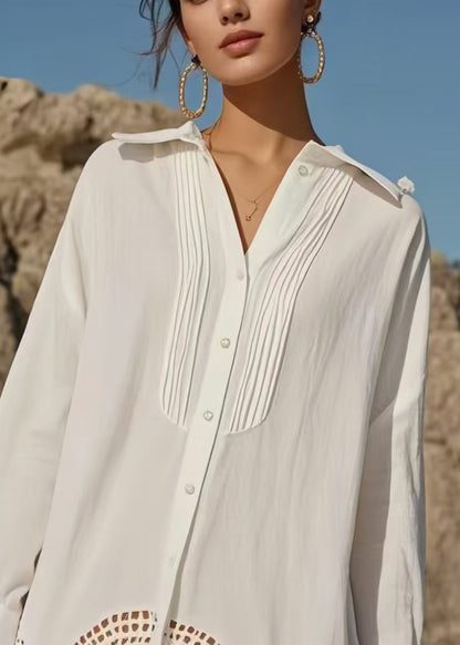 Diy White Hollow Out Wrinkled Cotton Long Shirts Spring