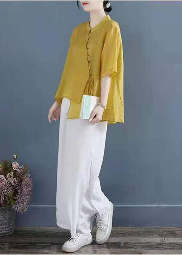 Yellow Stand Collar Asymmetrical Design Shirt Top Half Sleeve