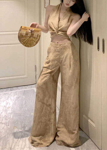 Original Design Halter Print Wrinkled Vest and Wide Leg Pants Two Pieces Set Sleeveless