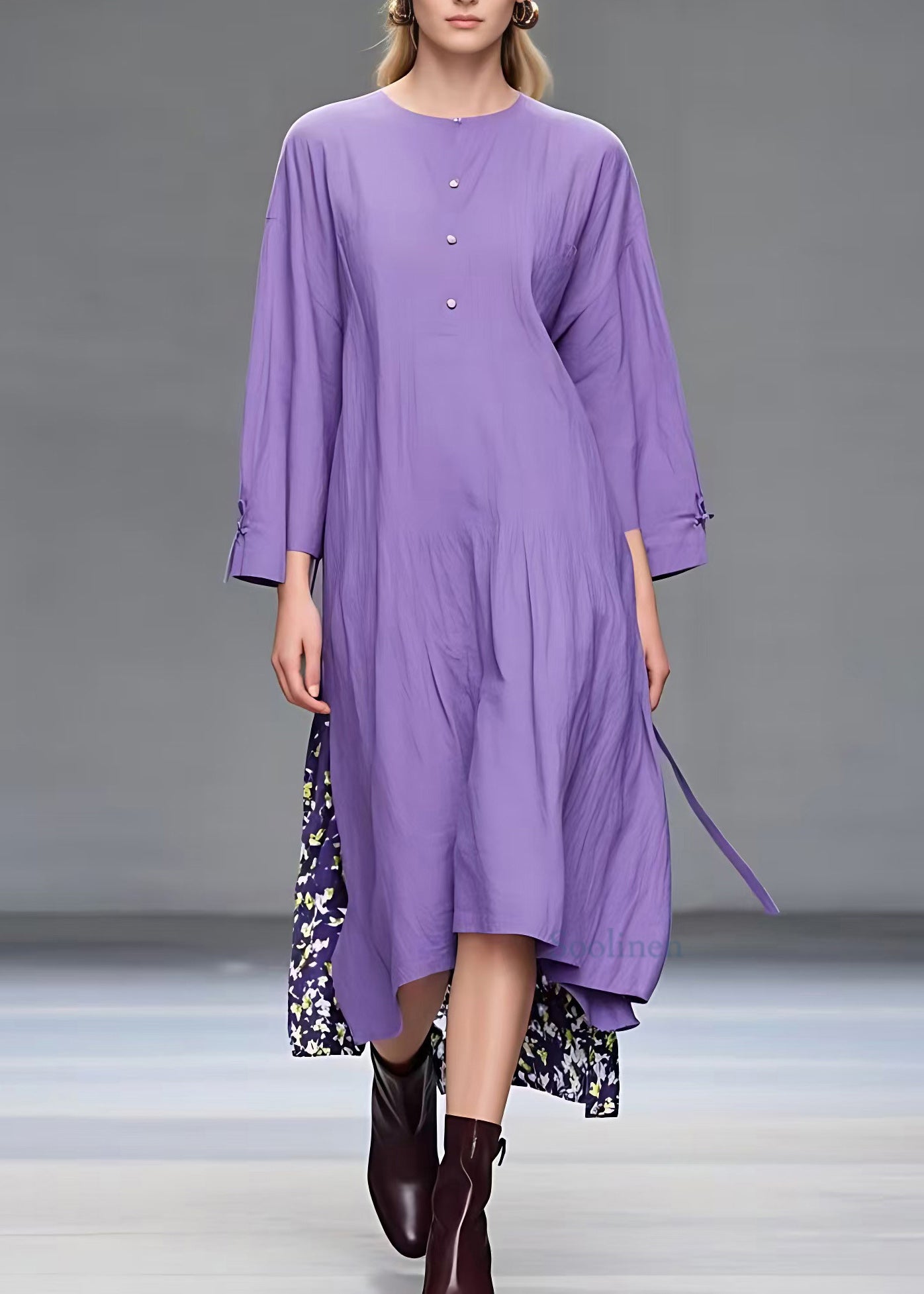 Simple Purple O-neck Print Patchwork Long Dress Fall