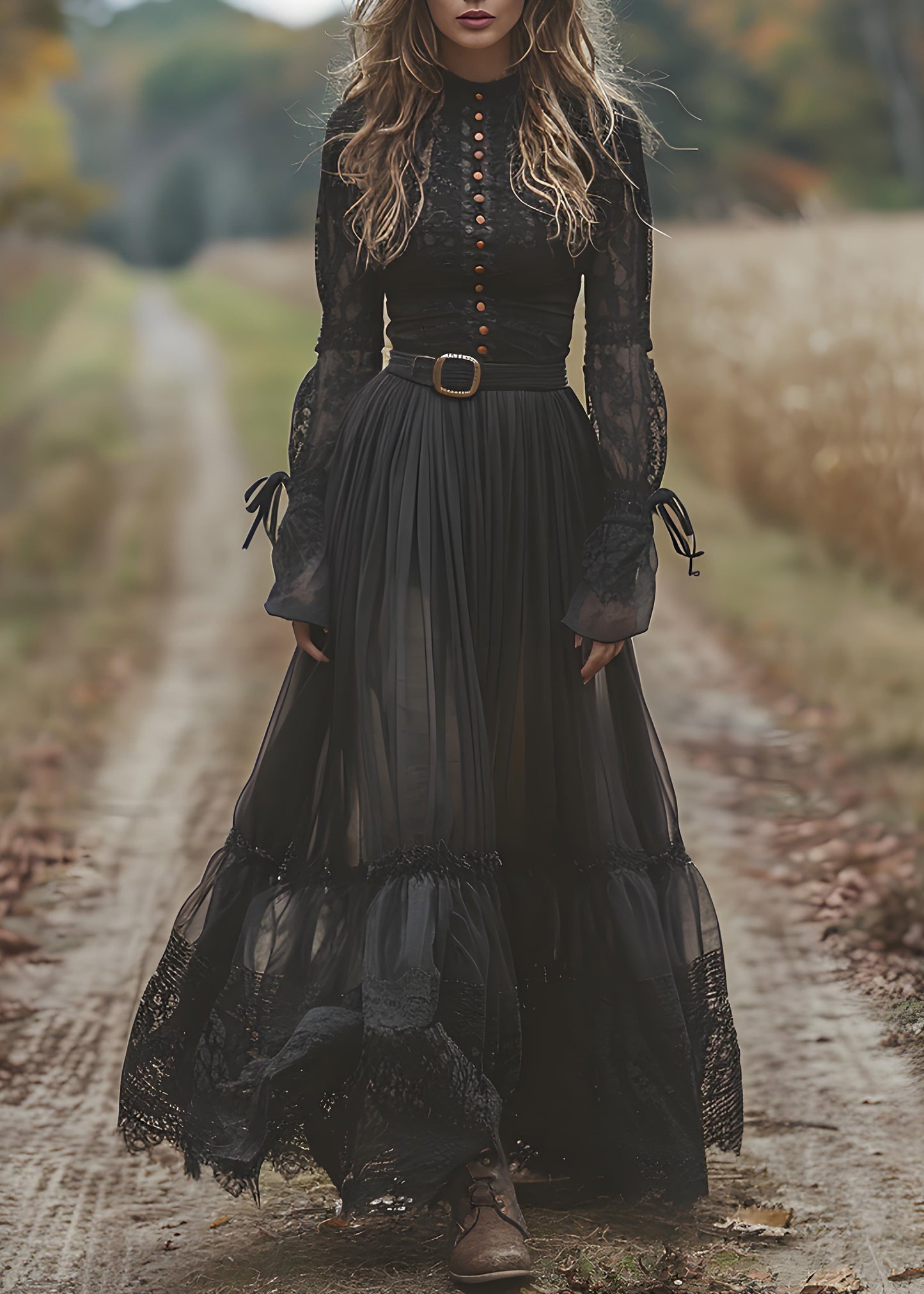 Black Lace Patchwork Wrinkled Cotton Maxi Dresses Spring