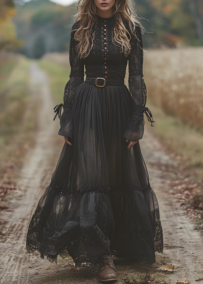 Black Lace Patchwork Wrinkled Cotton Maxi Dresses Spring
