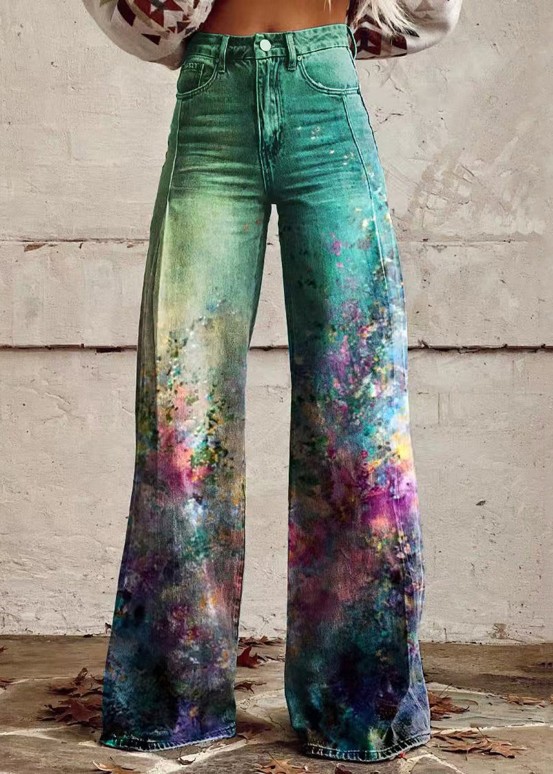 Rose Print Pockets High Waist Denim Pants Spring