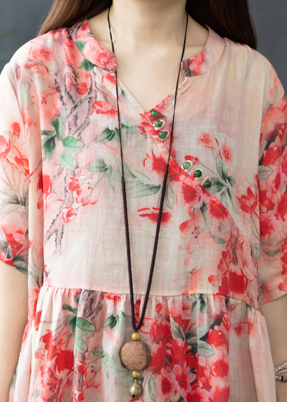 French Red Wrinkled V Neck Linen Long Dress Short Sleeve