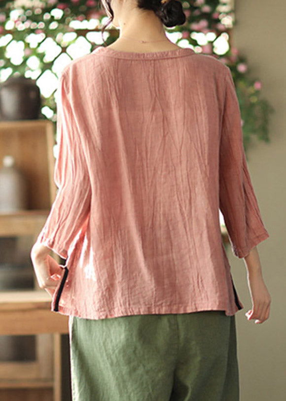 Pink O-neck Wrinkled Side Open Top Three Quarter Sleeve