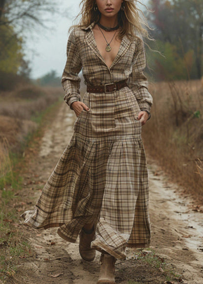 V Neck Plaid Patchwork Cotton Maxi Dress Spring