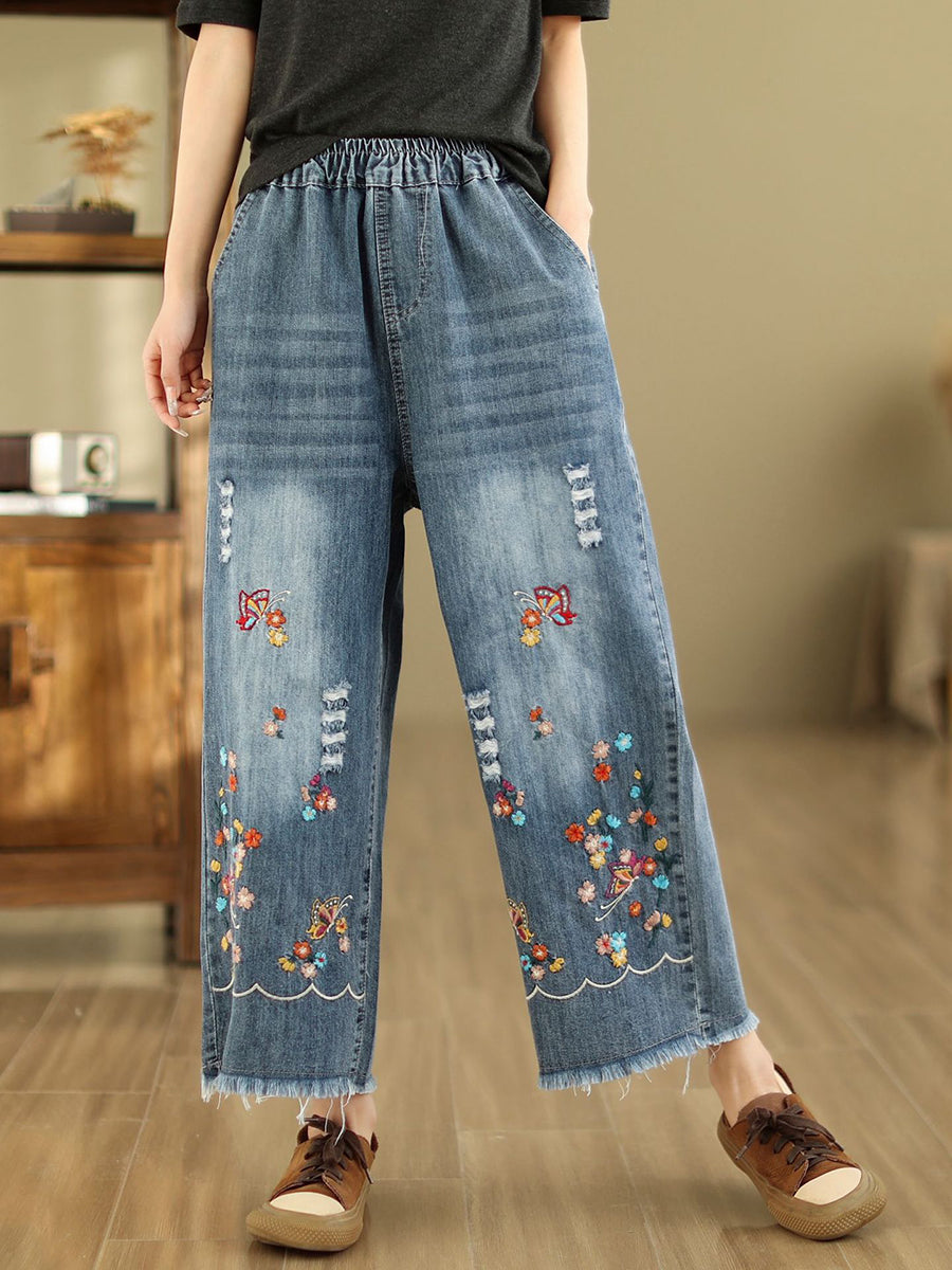 Summer Retro Embroidery Frayed Straight Denim Pants