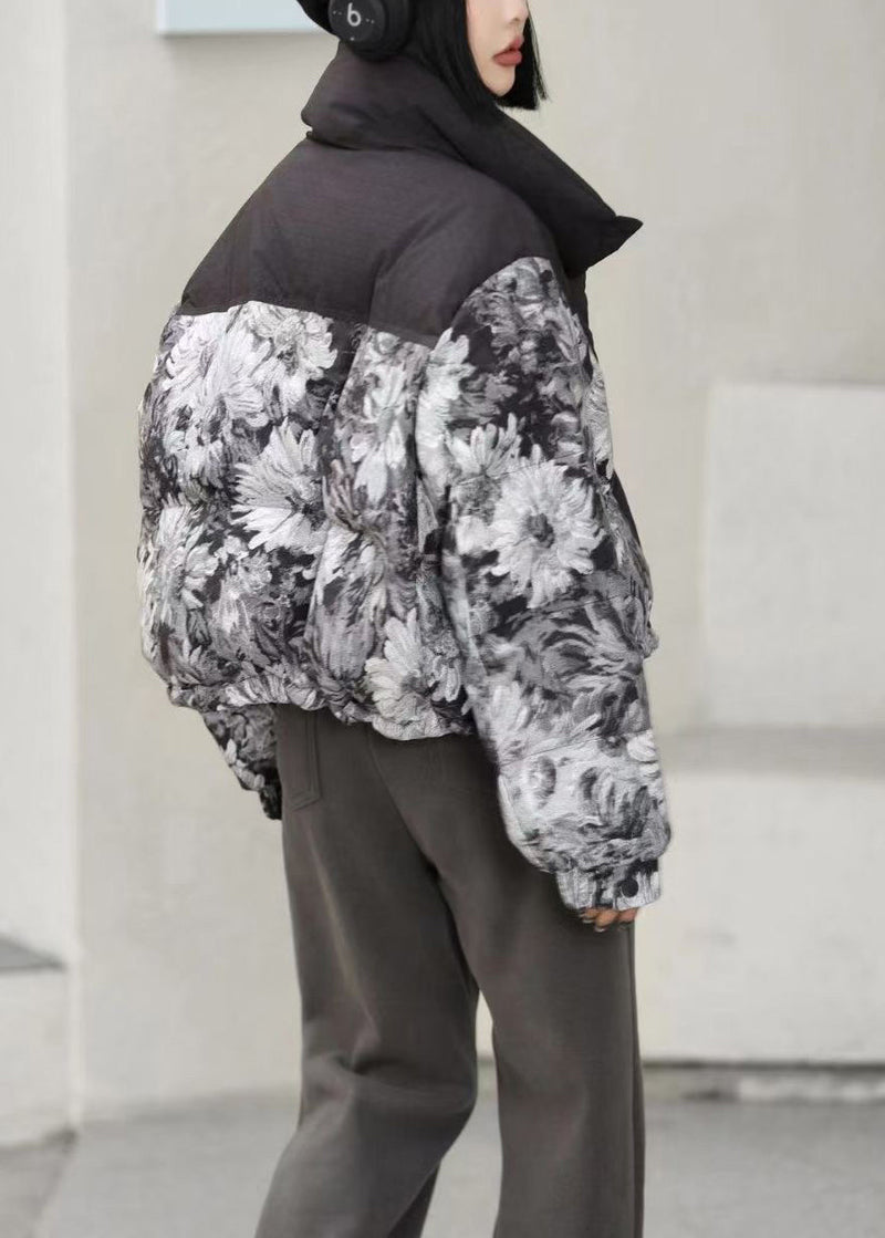 Black Oversized Print Duck Down Puffer Jacket Winter