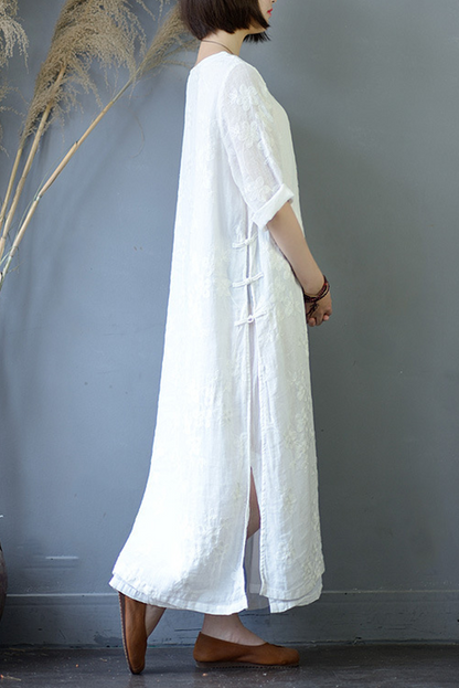 Summer White Ramie Embroidery Dress