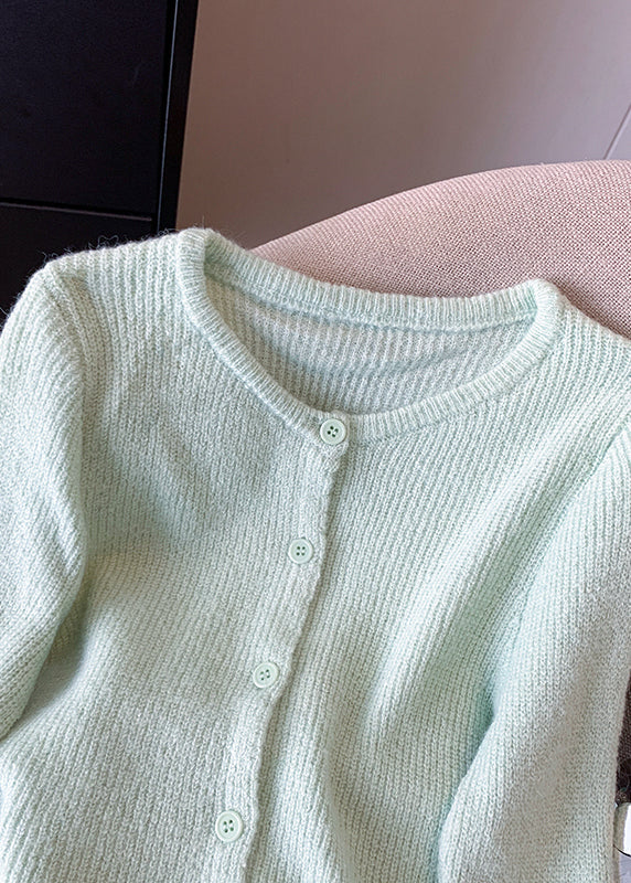 Style Light Green O-neck Button Cotton Knit Cardigan Fall