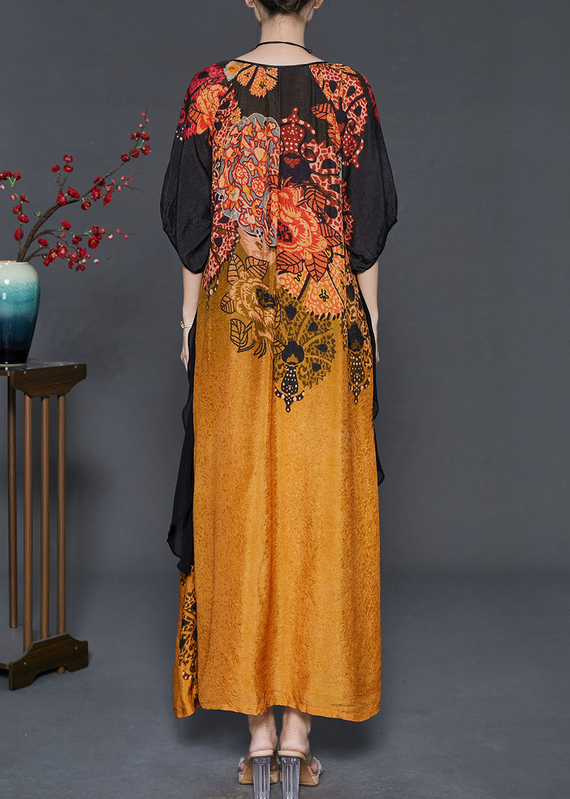 Gradient Color Print Patchwork Silk Long Dress Summer