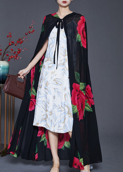 Black Hooded Print Chiffon Cardigan Spring