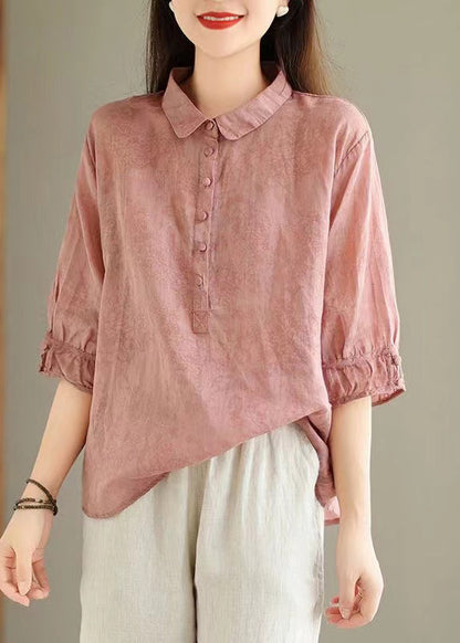 Pink Print Linen Top Button Half Sleeve