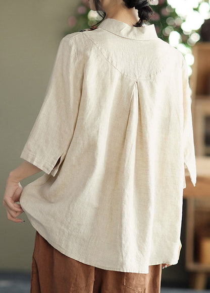 Apricot Peter Pan Collar Button Asymmetrical Design Print Linen Shirts Half Sleeve