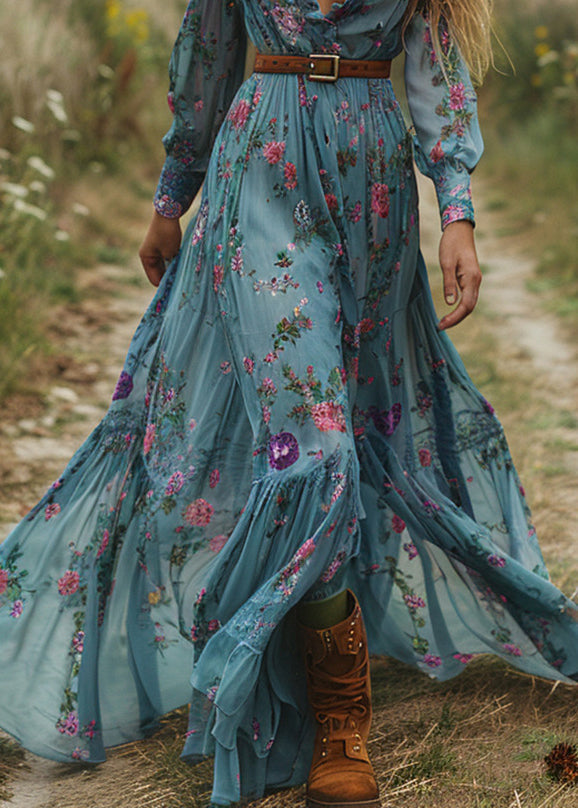 Blue Ruffled Print Patchwork Cotton Long Dress Fall