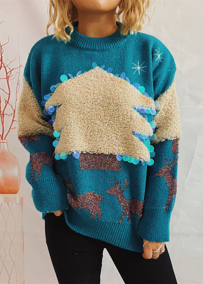 Fine Blue Jacquard Sequins Thick Knit Pullover Winter