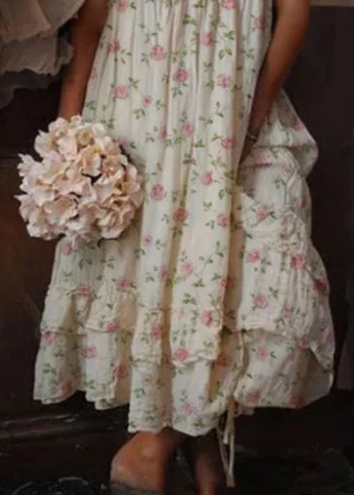 Beige Ruffled Print Cotton Spaghetti Strap Dress Sleeveless