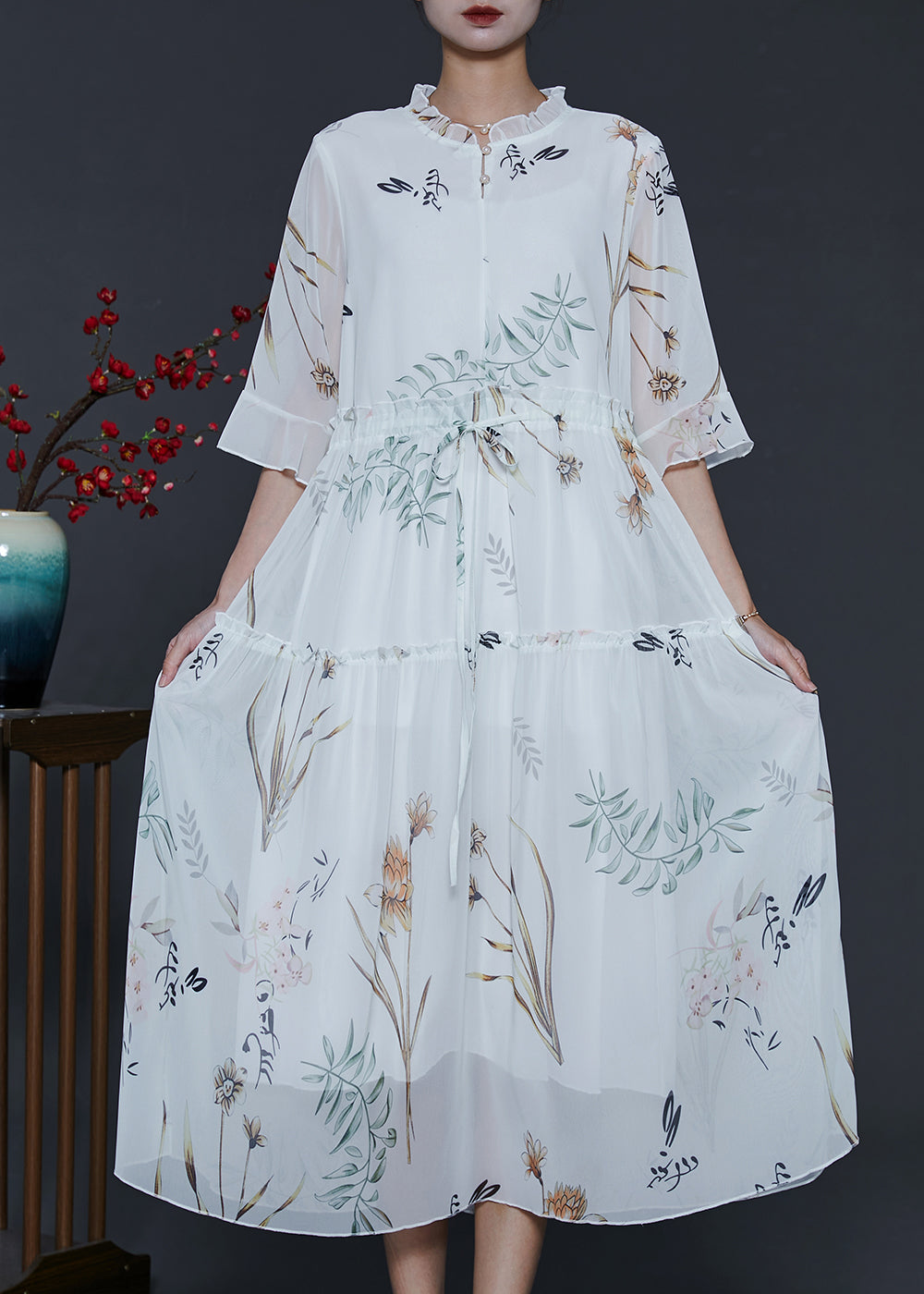 White Ruffled Print Chiffon Cinched Dresses Summer