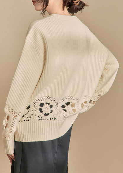 Loose Beige Hollow Out Knit Sweater Winter