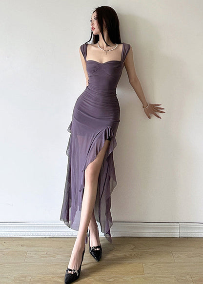Purple Ruffled Tulle Side Open Slim Fitting Suspender Dress