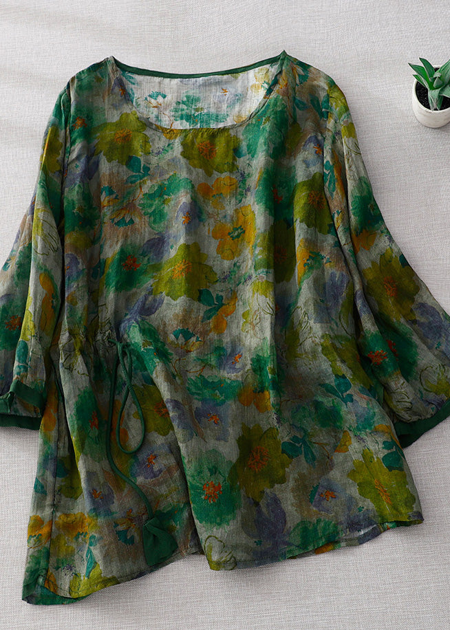 Natural Green O-neck Print Wrinkled Linen Tops Long Sleeve