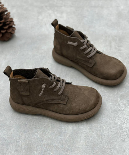 Grey Comfortable Cowhide Leather Splicing Lace Up Boots