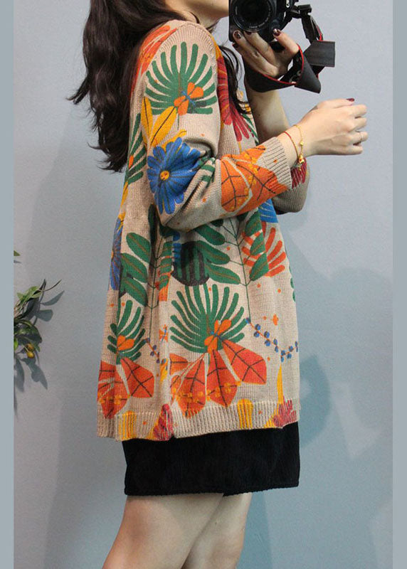 Apricot O-neck Print Fall Knit Cardigans