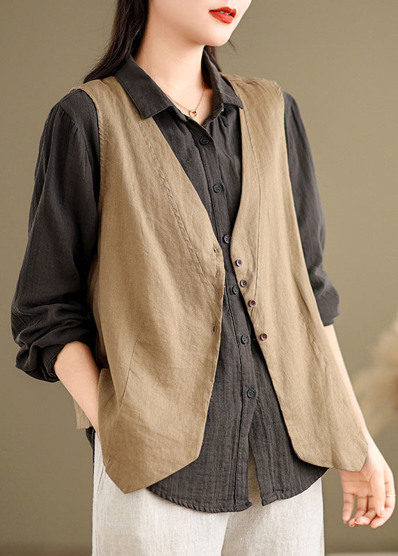 Khaki V Neck Button Cotton Vest Tops Sleeveless