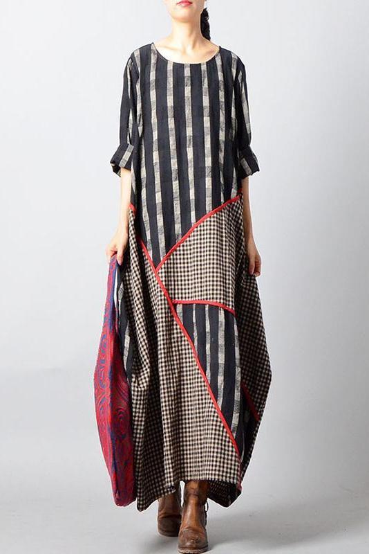 Limited Stock- Stripes Plaid Spliced Irregular Cotton Linen Dress