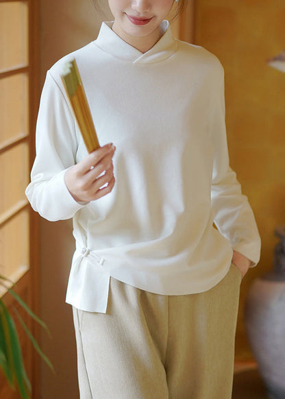 White Stand Collar Patchwork Cotton T Shirt Tops Spring