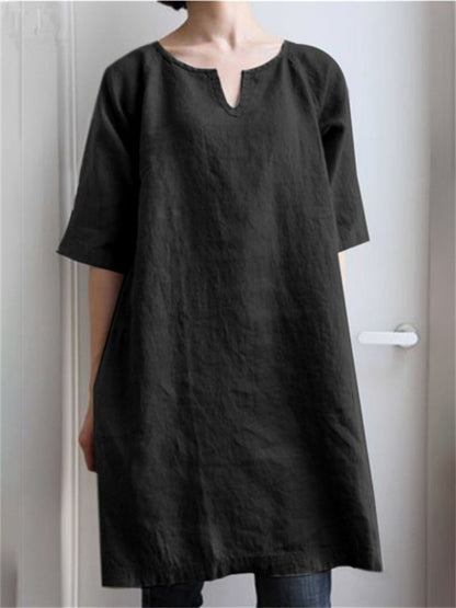 Color V-neck Cotton Linen Shoulder Insert Medium-sleeved Temperament A-line Dresses