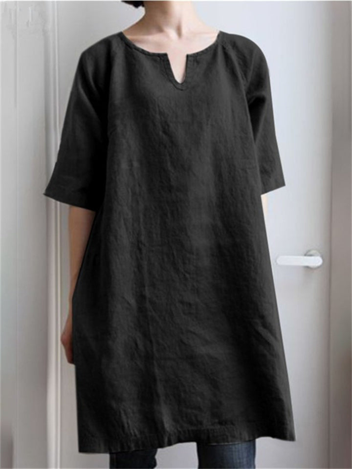 Color V-neck Cotton Linen Shoulder Insert Medium-sleeved Temperament A-line Dresses