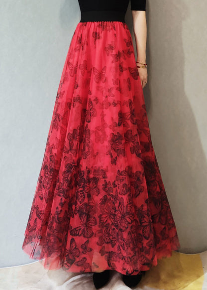 Loose Red Butterfly Elastic Waist Tulle Skirts Summer
