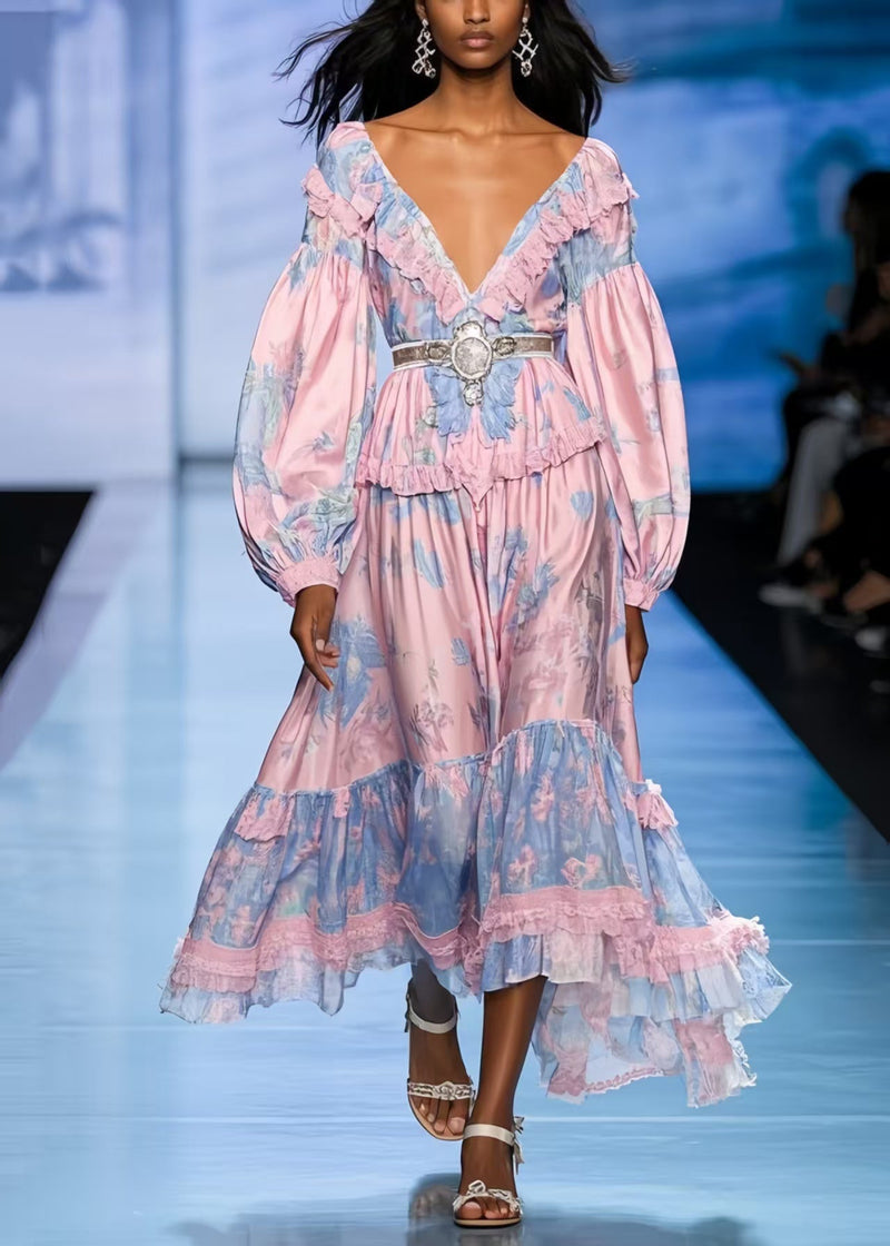 Pink Ruffled Print Silk Tunic Dresses Spring