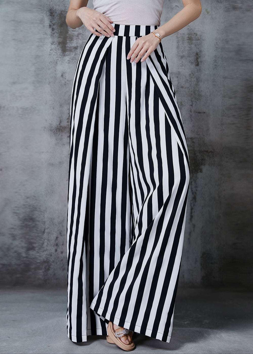Black Striped Chiffon Wide Leg Pants Fall